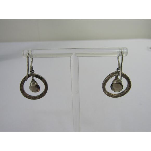 Smoky Faceted Gem Silver Tone Dangly Earrings 2 1/4" Ridges VTG Classic Oval - Picture 3 of 5